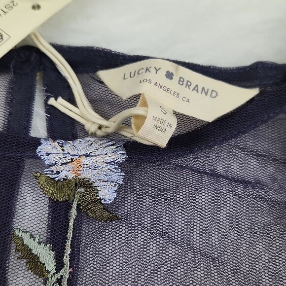 Lucky Brand -258 Grey Embroidered Sheer Floral 3/4 Sleeve Evening Blouse Size S - Picture 7 of 11